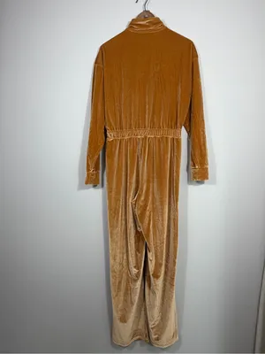 Fabletics Gold Velvet Jumpsuit Long Sleeve Zip Front Wide Leg Size M thumbnail 2