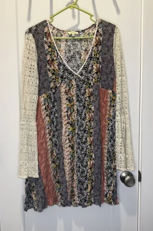 Kori America Boho Patchwork Lace Sleeve Babydoll Dress Women’s Large Tunic thumbnail 1