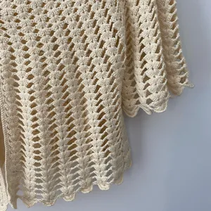 Vintage Crochet Open Knit Cardigan Sweater Medium Cream Ivory Button Up Handknit thumbnail 6