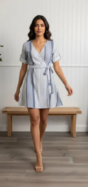 Sienna Sky Blue Striped Wrap Dress thumbnail 1