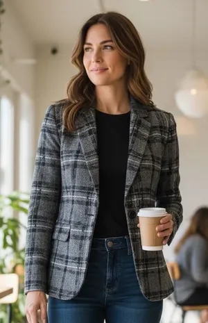 Tribal Womens Grey Black Plaid‎ Single Button Blazer Jacket Size 6 Professional thumbnail 1