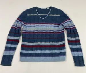 Valerie Stevens Sweater Womens Medium Blue Striped Cable Knit V Neck‎ Cotton thumbnail 1