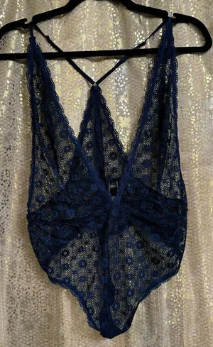 Victorias Secret Navy Blue Fully Lace One Piece Lingerie Bodysuit Large NWOT thumbnail 1