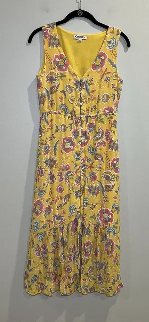 Nanette Lepore Yellow‎ Floral maxi Long Dress Size 2 Sleeveless V Neck Ruffle thumbnail 1