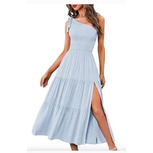 Merokeety Women's Size S One-Shoulder Sleeveless Smocked Midi Dress Blue thumbnail 2