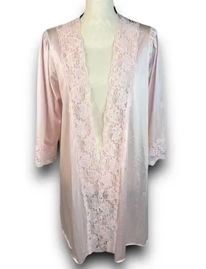 Vintage Avon Style Pink Satin Nylon Open Lace Trim Robe Midi Length Small Medium thumbnail 1