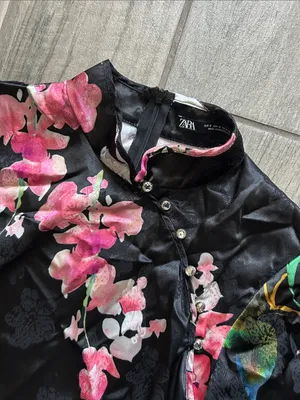 Zara Black Floral Satin Long-Sleeve Mini Dress thumbnail 3
