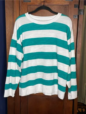 J.Crew Womens Vintage Fleece Stripe Sweatshirt Small Green White Oversized Coast thumbnail 2