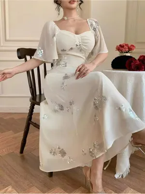 Cream Midi Dress with Silver Sequin Floral Embellishments, Ruffled Hem, Medium. thumbnail 1