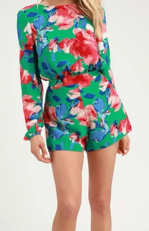 Lulus Women's Romper Green Floral Long‎ Sleeve Open Back Lined Size Large thumbnail 1