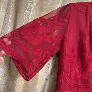 Maroon Dark Red Romper Boho V Neck Lace Maxi Dress Medium thumbnail 3