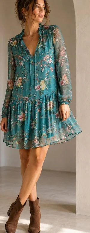 Anthropologie Maeve Teal Floral Chiffon Ruffle Mini Dress Boho Romantic XS thumbnail 1