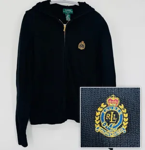 Vintage Lauren Ralph Lauren Black Knit Full Zip Hooded Sweater, Size M thumbnail 1