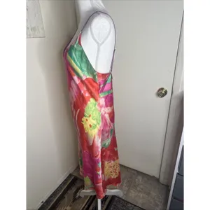 Natori Womens Sz M Botanic Print Satin Midi Slip Dress Chemise Floral Pink thumbnail 6