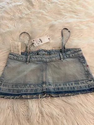 ZARA Light Blue Denim Mini Shirt with Straps size S brand new length 10” thumbnail 6
