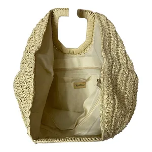 Ramla Woven Raffia Creasant Top Handle Bag Purse Tan Straw Boho Beach Vacation thumbnail 2