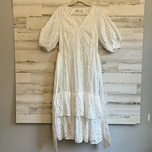 Zara Eyelet Cotton Midi Dress Puff Sleeve Belted Floral Ruffle Tiered Medium thumbnail 4