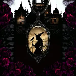 Witch And Raven Cameo Black Pendant, Vintage Style Gothic Crow Glass‎ Pendant thumbnail 5