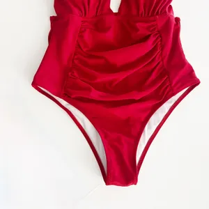 [Yolipuli] Red One Piece Convertible Swimsuit Bow Straps V-Neck Ruched Sz Large thumbnail 9