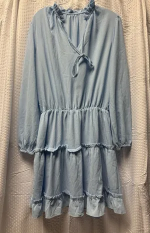 Women's Baby Blue Tiered Mini Dress Tie Front Balloon Long‎ Sleeve L thumbnail 1