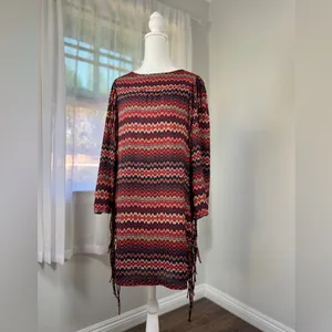 Zara Multicolored Zigzag Print Fringed Long Sleeve Midi Dress thumbnail 3
