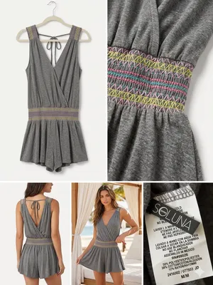 Gray V-Neck Swim Coverup dress with Smocked Waist thumbnail 2