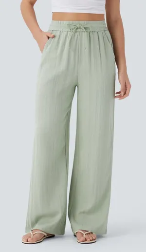 Halara Pale Aqua High Waist Drawstring Wide Leg Casual Linen-Feel Pant S Petite thumbnail 1