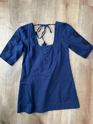 Free People Boho Navy Puff Sleeve Mini Dress Tassel Tie Embroidery Size Small thumbnail 1