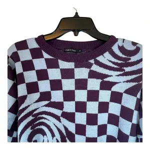 I‎ Saw It First Checkerboard Swirl Sweater Womens Medium Purple Blue Oversized thumbnail 3