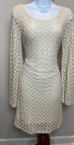 Free People Crochet Lace Dress Scoop Back With Bell Sleeves Size M Cream thumbnail 1
