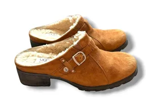UGG Australia Clog Mules Womens 8.5 Chestnut Suede Shearling Buckle Heel thumbnail 1