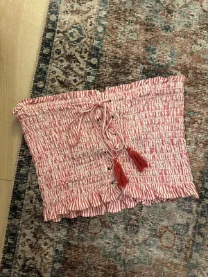 American Eagle Outfitters Red and White Ruffle Tube Top with Lace Up Detailing thumbnail 7