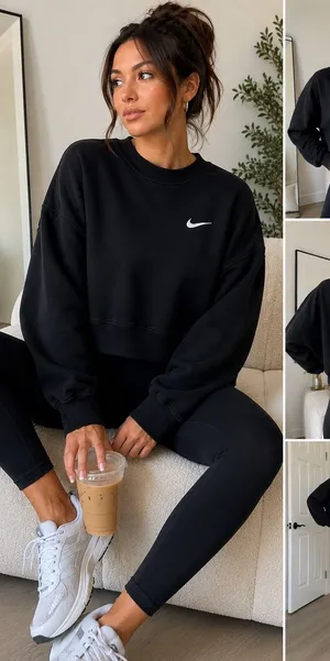 Nike Womens XXL Black Oversized Cropped Crewneck Sweatshirt Embroidered Swoosh thumbnail 1