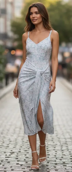 Lulus NWT Glistening Beauty Light Blue Floral Sequin Tie-Front Midi Dress thumbnail 1