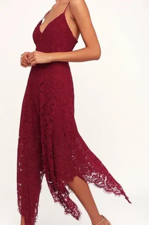 Lulus One Wish Burgundy Lace Midi Dress thumbnail 1