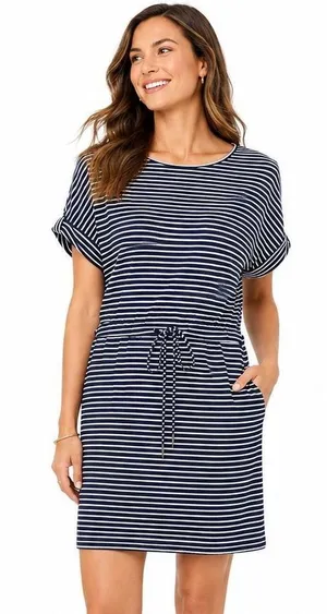 Hilary Radley Striped Navy and White Tie-Waist Dress with Pockets Size Large thumbnail 1