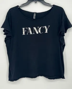 Ambrielle Fancy Silver Foil Graphic Flutter Sleeve Crop Top Women XXL Black Gym thumbnail 1