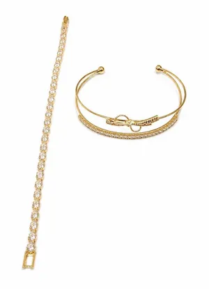 2pc Gold CZ Bracelet Set 7in Tennis Bracelet + cute bow Bangle Cuff stainless thumbnail 1