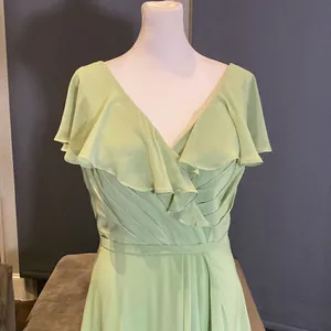 Women’s Full Length Green Chiffon Ruffle Dress Corset Back Leg Slit Size 12 thumbnail 2