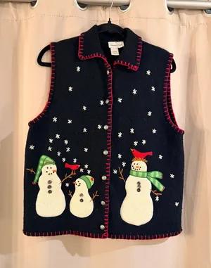 Coldwater Creek Navy Snowman Embroidered Vest with Red Trim thumbnail 1