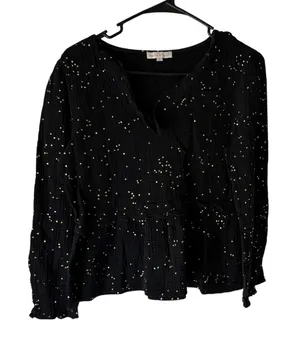 Peace n' love Blouse Womens Medium Black Gold Dot Long Sleeve Peplum‎ Top Boho thumbnail 1