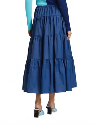 Staud Lucca Tiered Maxi Skirt Drawstring Nylon Cobalt Blue Women Size Small NWT thumbnail 5