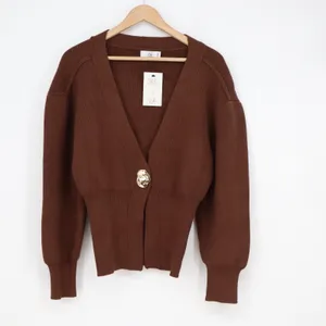 Stile by Per Lei Brown Ribbed Cardigan Statement Button Sweater L thumbnail 2