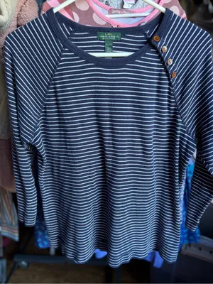 Lauren Ralph Lauren Navy and White Striped Long-Sleeve Tee with Shoulder Buttons thumbnail 1