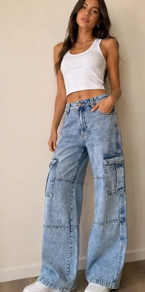 H&M Light Blue Wide-Leg Cargo Jeans thumbnail 1