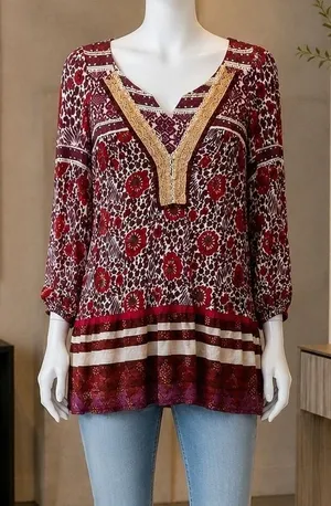 Free People Womens Tunic Top Boho Floral Lace Trim Burgundy Small thumbnail 1