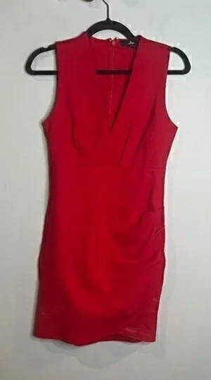 🔆 Lulu's red bodycon faux wrap dress thumbnail 1