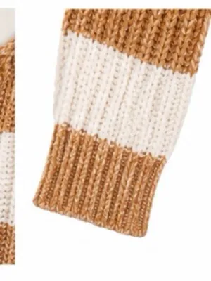 American Eagle Cropped Striped Henley Sweater Size Medium Tan Cream Chunky Knit thumbnail 4