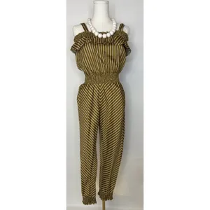 RW&A Rwanda Clothing Women Olive Striped Cold Shoulder Smocked Waist Jumpsuit thumbnail 3