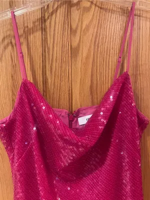 LIKELY Sequin Spaghetti Strap Draped Cowl Neck Mini Dress Fuchsia Pink Size 8 thumbnail 4